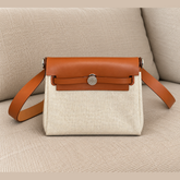 Hermès Mini Herbag Zip 20 Écru Canvas & Tan Leather with Palladium Hardware
