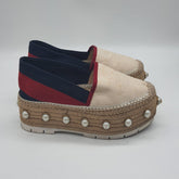 Tricolor Web Linen Pearl Studded Espadrilles