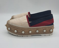 Tricolor Web Linen Pearl Studded Espadrilles