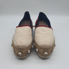 Tricolor Web Linen Pearl Studded Espadrilles