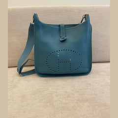 Hermès Evelyne GM in Blue Clemence Leather with Crossbody Strap and Entrupy Certificate