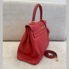 Hermès Rouge Casaque Kelly 35 Togo Leather GHW with Twilly and Entrupy Certificate