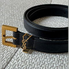 Saint Laurent Black Cassandre Thim Belt - Size 85