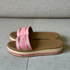 Christian Dior Dioriviera Dway Platform Slide Natural Raffia and Candy Pink Embroidered Cotton - Size 39