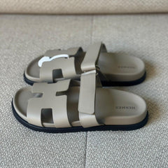 Hermès Beige Galet Calfskin Leather Chypre Sandals - Size 39 & 40