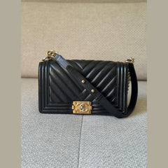 Chanel Black Chevron Leather Medium Boy with Gold Hardware