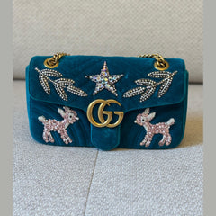 Gucci Velvet Embellished GG Marmont Shoulder Bag