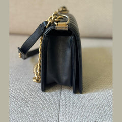 Chanel Black Chevron Leather Medium Boy with Gold Hardware