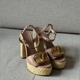 Valentino Garavani Pink Nude VLogo Raffia Platform Sandals – Size 37.5
