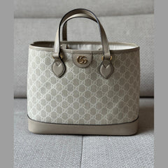 Gucci Ophidia Small Tote – Beige & White GG Supreme Canvas with Oatmeal Trim