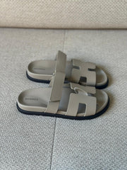 Hermès Beige Galet Calfskin Leather Chypre Sandals - Size 38