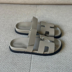 Hermès Beige Galet Calfskin Leather Chypre Sandals - Size 39 & 40