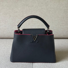 Louis Vuitton Black Grained Leather with Burgundy Trim Capucines BB Top Handle with Strap