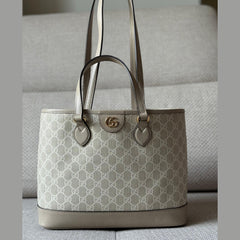 Gucci Ophidia Small Tote – Beige & White GG Supreme Canvas with Oatmeal Trim