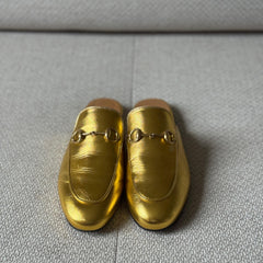 Gucci Gold Leather Princetown Mules - Size 37.5