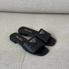 Prada Black Saffiano Leather Logo Slides - Size 38