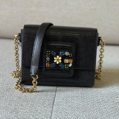 Dolce & Gabbana Millennials Lizard Leather Crossbody with Rhinestone-Embellished DG Logo