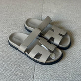 Hermès Beige Galet Calfskin Leather Chypre Sandals - Size 38