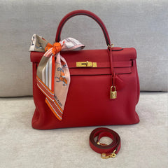Hermès Rouge Casaque Kelly 35 Togo Leather GHW with Twilly and Entrupy Certificate