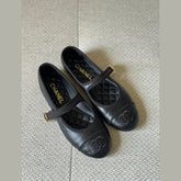 Chanel Black Leather Ballerina Mary Jane Flats - Size 37
