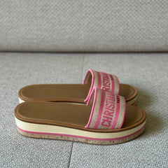 Christian Dior Dioriviera Dway Platform Slide Natural Raffia and Candy Pink Embroidered Cotton - Size 39