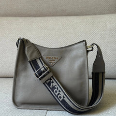 Prada Grey Leather Messenger Bag with Canvas Strap