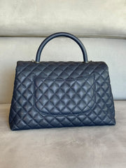 Chanel Navy Blue Caviar Coco Handle Bag with Strap