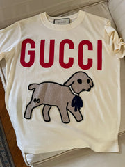 Gucci White Embellished Lamb Logo Graphic T-Shirt - Size XXS