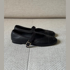 Chanel Black Leather Ballerina Mary Jane Flats - Size 37