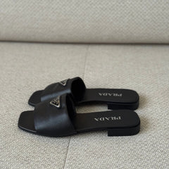 Prada Black Saffiano Leather Logo Slides - Size 38