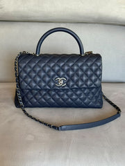Chanel Navy Blue Caviar Coco Handle Bag with Strap