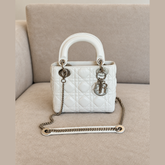 Christian Dior White Mini Lady Dior Bag with Strap (Restored)