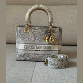 Christian Dior Grey Toile De Jouy Lady D-Lite Top Handle with Strap