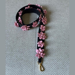 Prada Black Leather Shoulder Strap with Pink 3D Flower