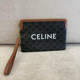 Céline Brown Monogram Triomphe Clutch with Wristlet Strap