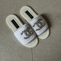 Chanel White CC Raffia Flat Sandals – Size 38 (Fits 39)