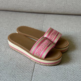 Christian Dior Dioriviera Dway Platform Slide Natural Raffia and Candy Pink Embroidered Cotton - Size 39