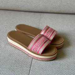 Christian Dior Dioriviera Dway Platform Slide Natural Raffia and Candy Pink Embroidered Cotton - Size 39