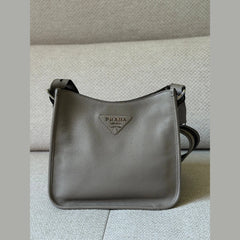 Prada Grey Leather Messenger Bag with Canvas Strap