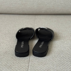 Prada Black Saffiano Leather Logo Slides - Size 38