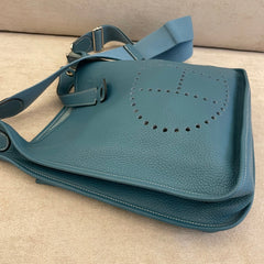 Hermès Evelyne GM in Blue Clemence Leather with Crossbody Strap and Entrupy Certificate