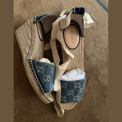 Gucci Denim Wedge Espadrille Sandals - Size 37