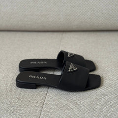 Prada Black Saffiano Leather Logo Slides - Size 38