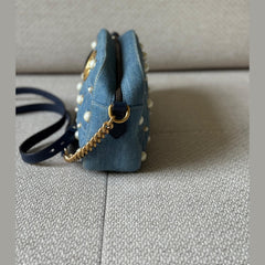 Gucci GG Marmont Denim Pearl Embellished Camera Bag