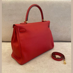 Hermès Rouge Casaque Kelly 35 Togo Leather GHW with Twilly and Entrupy Certificate