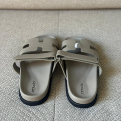 Hermès Beige Galet Calfskin Leather Chypre Sandals - Size 39 & 40