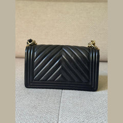 Chanel Black Chevron Leather Medium Boy with Gold Hardware
