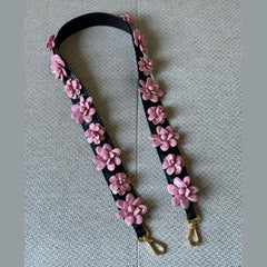 Prada Black Leather Shoulder Strap with Pink 3D Flower