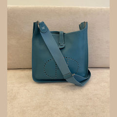 Hermès Evelyne GM in Blue Clemence Leather with Crossbody Strap and Entrupy Certificate