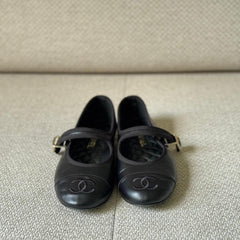 Chanel Black Leather Ballerina Mary Jane Flats - Size 37